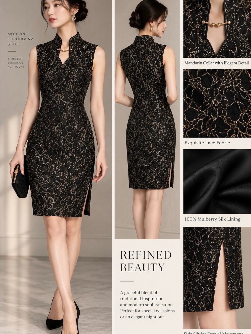 Black Gold Lace Qipao Cheongsam Midi Dress Silk Lined M